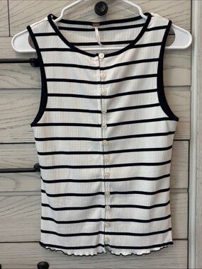Free People  White Tank with Black Stripes and Back Button Detail